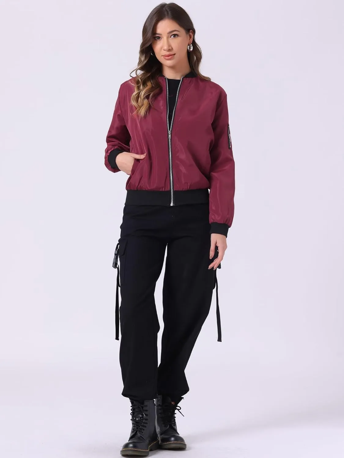 Allegra K Women's Casual Zip Up Bomber Jacket Windbreaker Outerwear with Pockets