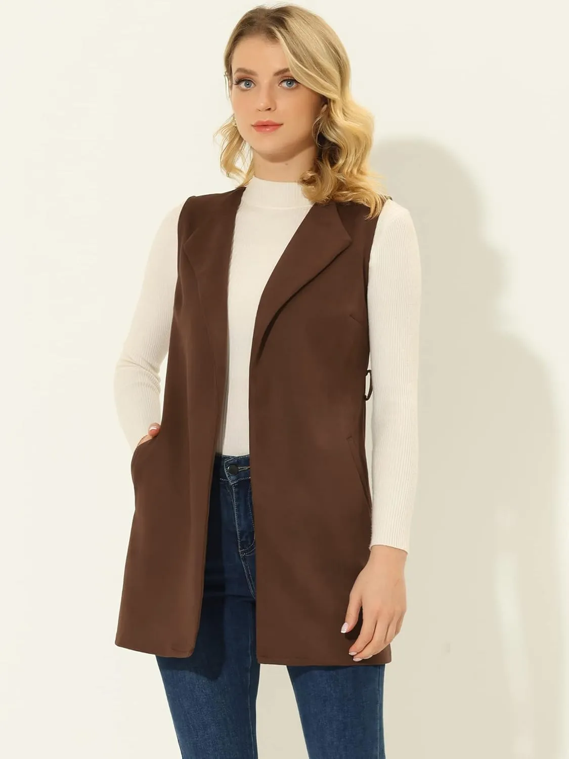 Allegra K Women's Long Sleeveless Jackets Open Front Suede Cardigan Vest
