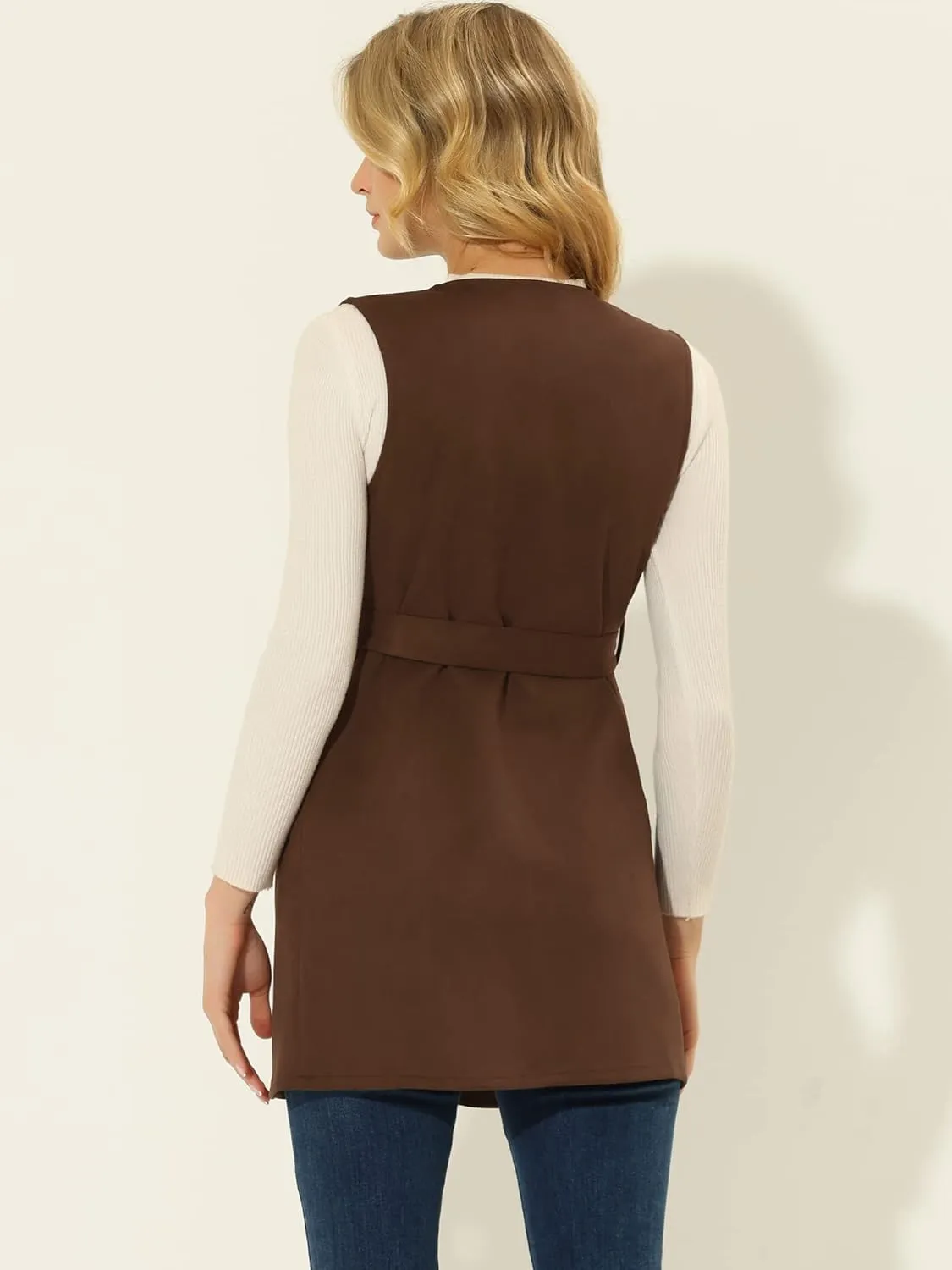 Allegra K Women's Long Sleeveless Jackets Open Front Suede Cardigan Vest