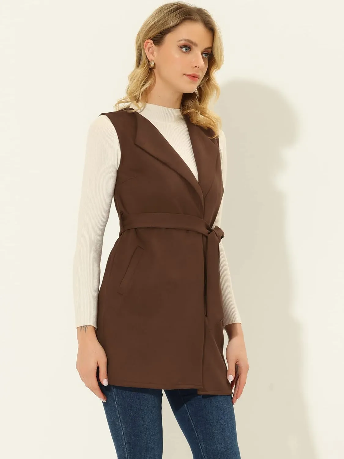 Allegra K Women's Long Sleeveless Jackets Open Front Suede Cardigan Vest