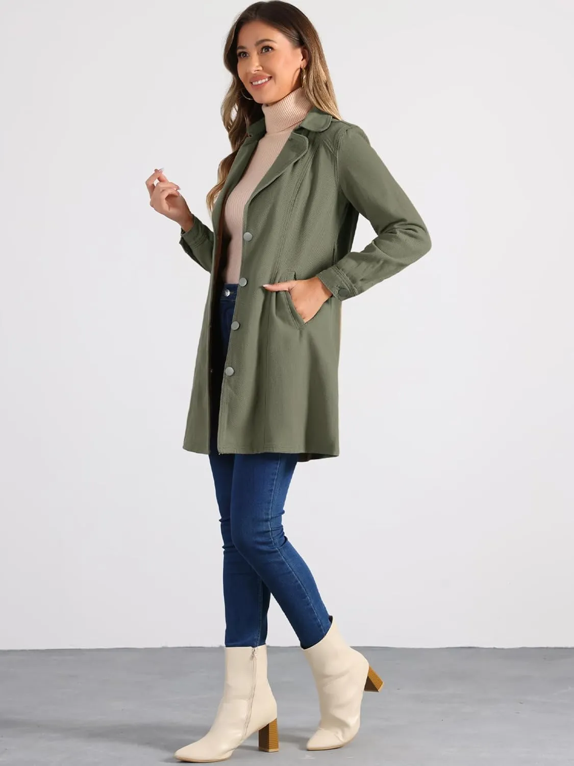 Allegra K Women's Trench Jean Jackets Notched Lapel Midi Denim Jacket