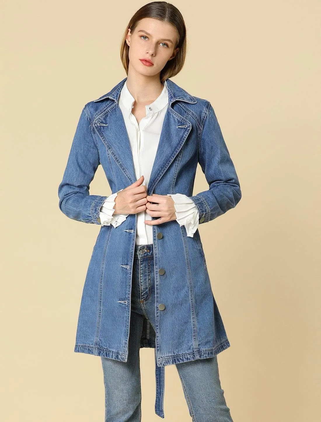 Allegra K Women's Trench Jean Jackets Notched Lapel Midi Denim Jacket