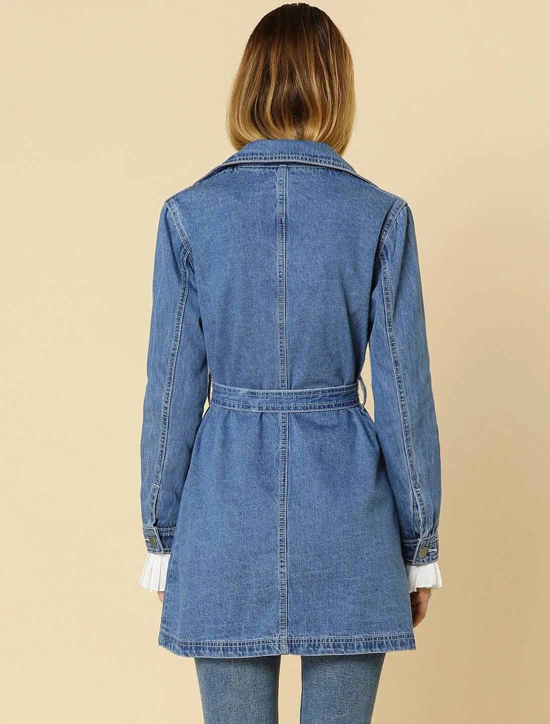 Allegra K Women's Trench Jean Jackets Notched Lapel Midi Denim Jacket