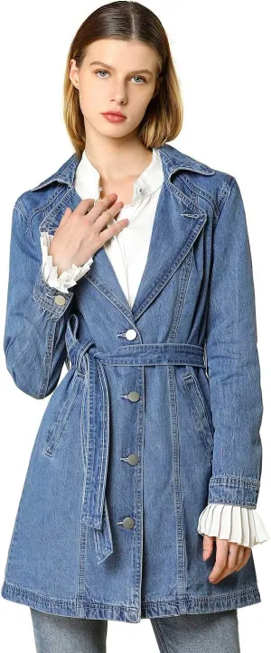 Allegra K Women's Trench Jean Jackets Notched Lapel Midi Denim Jacket