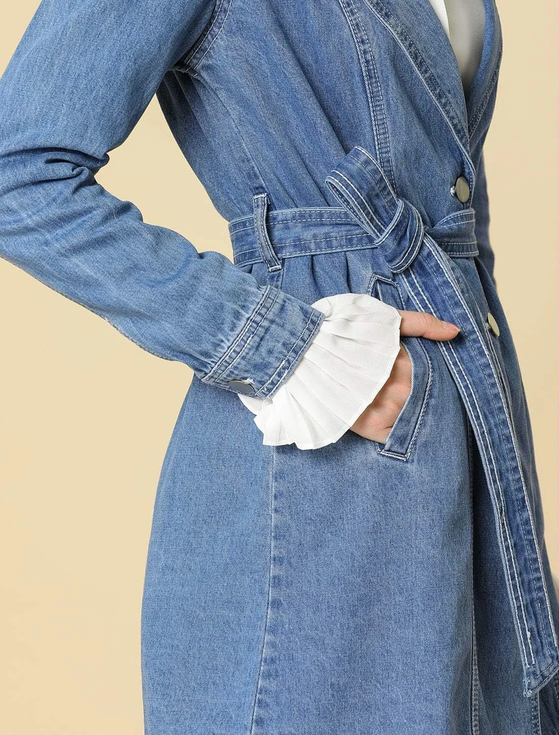 Allegra K Women's Trench Jean Jackets Notched Lapel Midi Denim Jacket