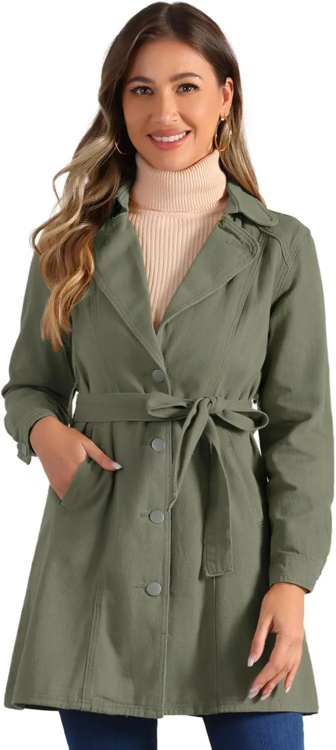 Allegra K Women's Trench Jean Jackets Notched Lapel Midi Denim Jacket