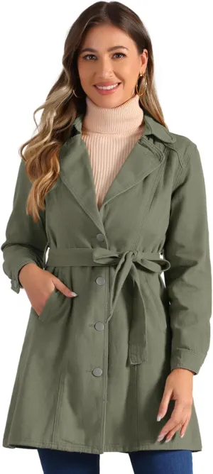 Allegra K Women's Trench Jean Jackets Notched Lapel Midi Denim Jacket