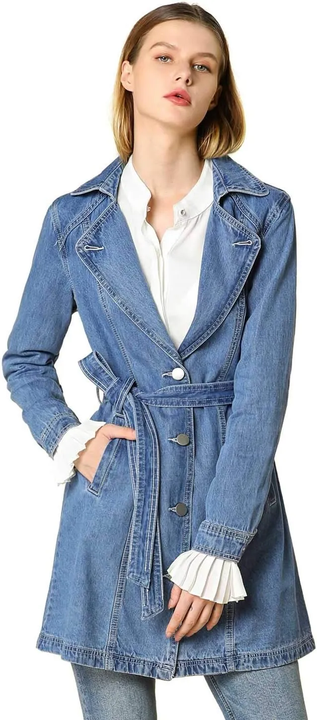 Allegra K Women's Trench Jean Jackets Notched Lapel Midi Denim Jacket