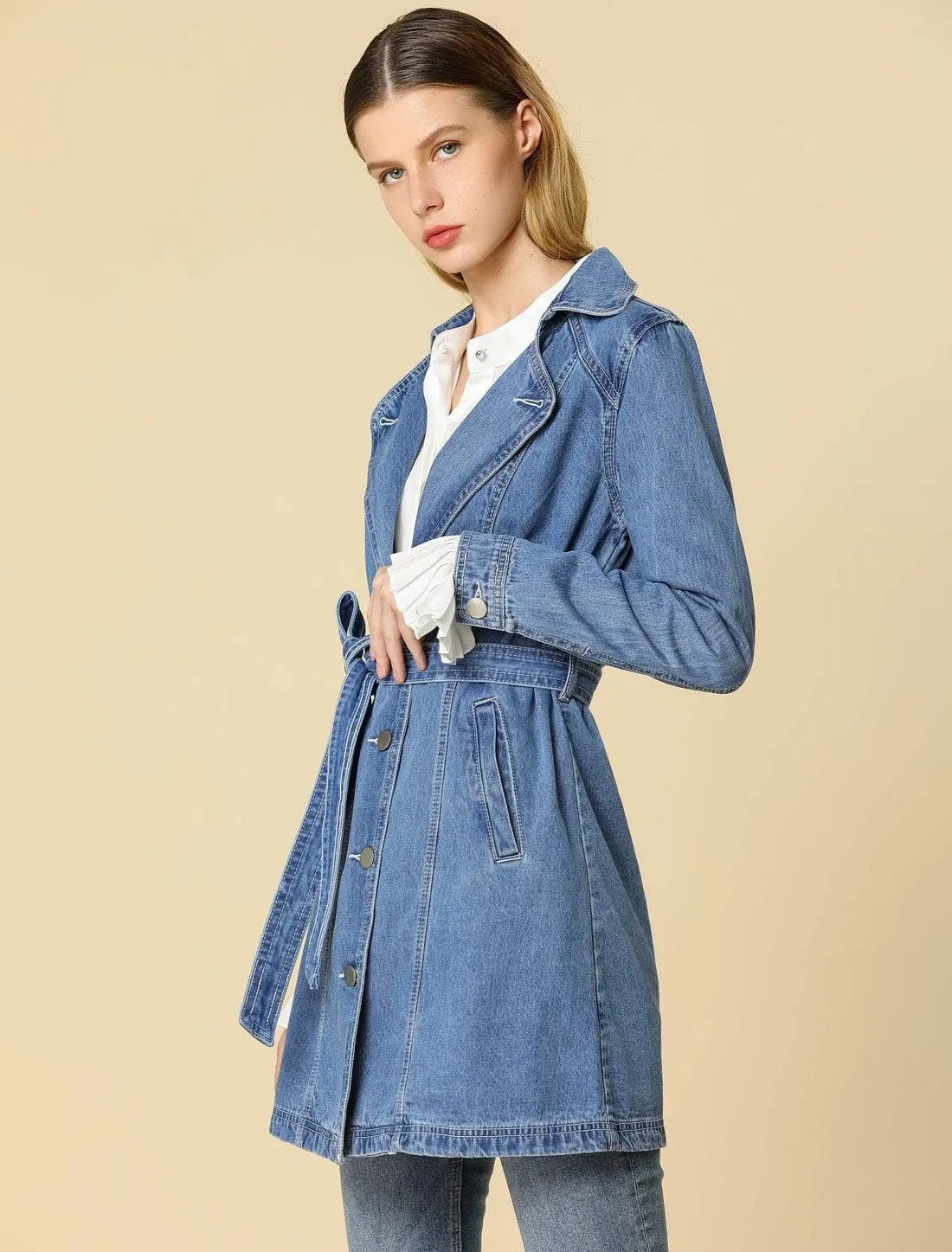 Allegra K Women's Trench Jean Jackets Notched Lapel Midi Denim Jacket