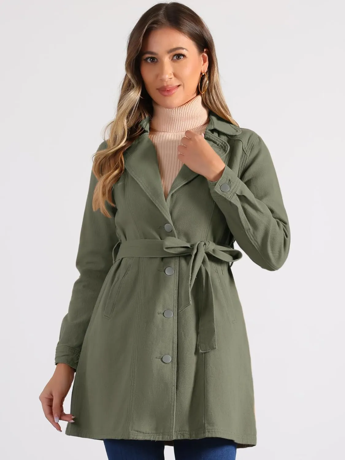 Allegra K Women's Trench Jean Jackets Notched Lapel Midi Denim Jacket