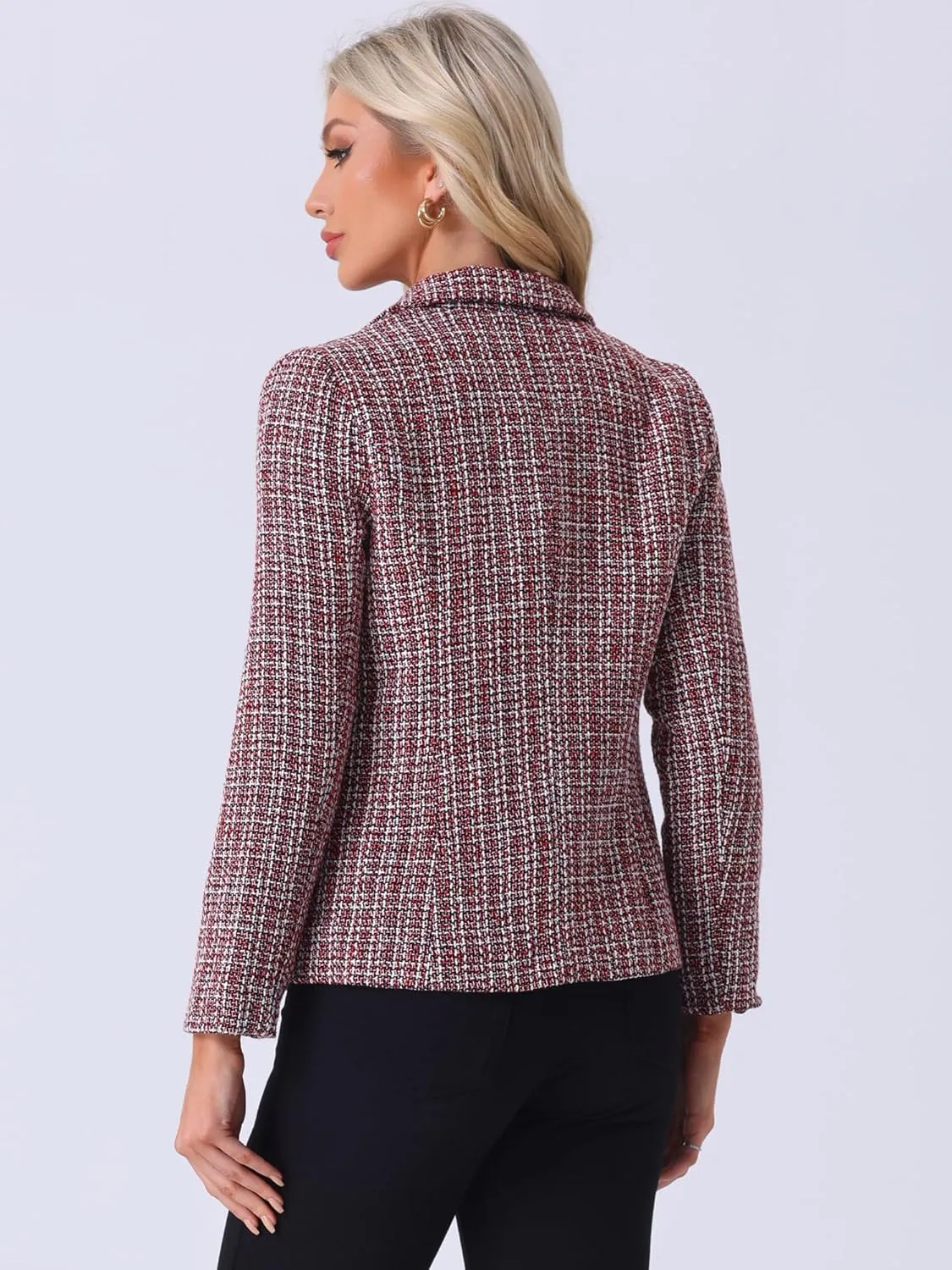 Allegra K Women's Tweed Jacket Plaid Blazer Long Sleeve Elegant Work Open Front Tweed Blazer Jackets