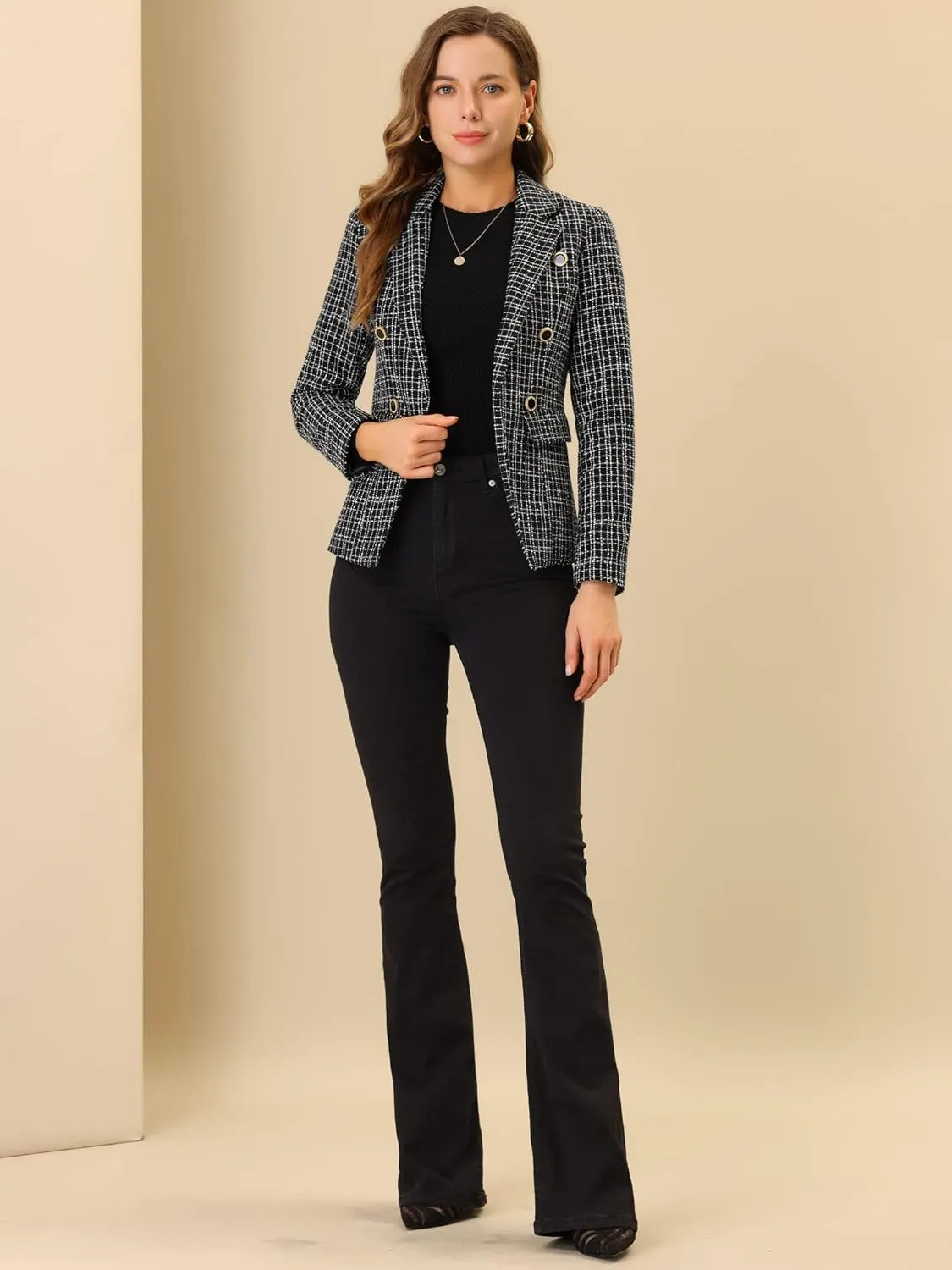 Allegra K Women's Tweed Jacket Plaid Blazer Long Sleeve Elegant Work Open Front Tweed Blazer Jackets