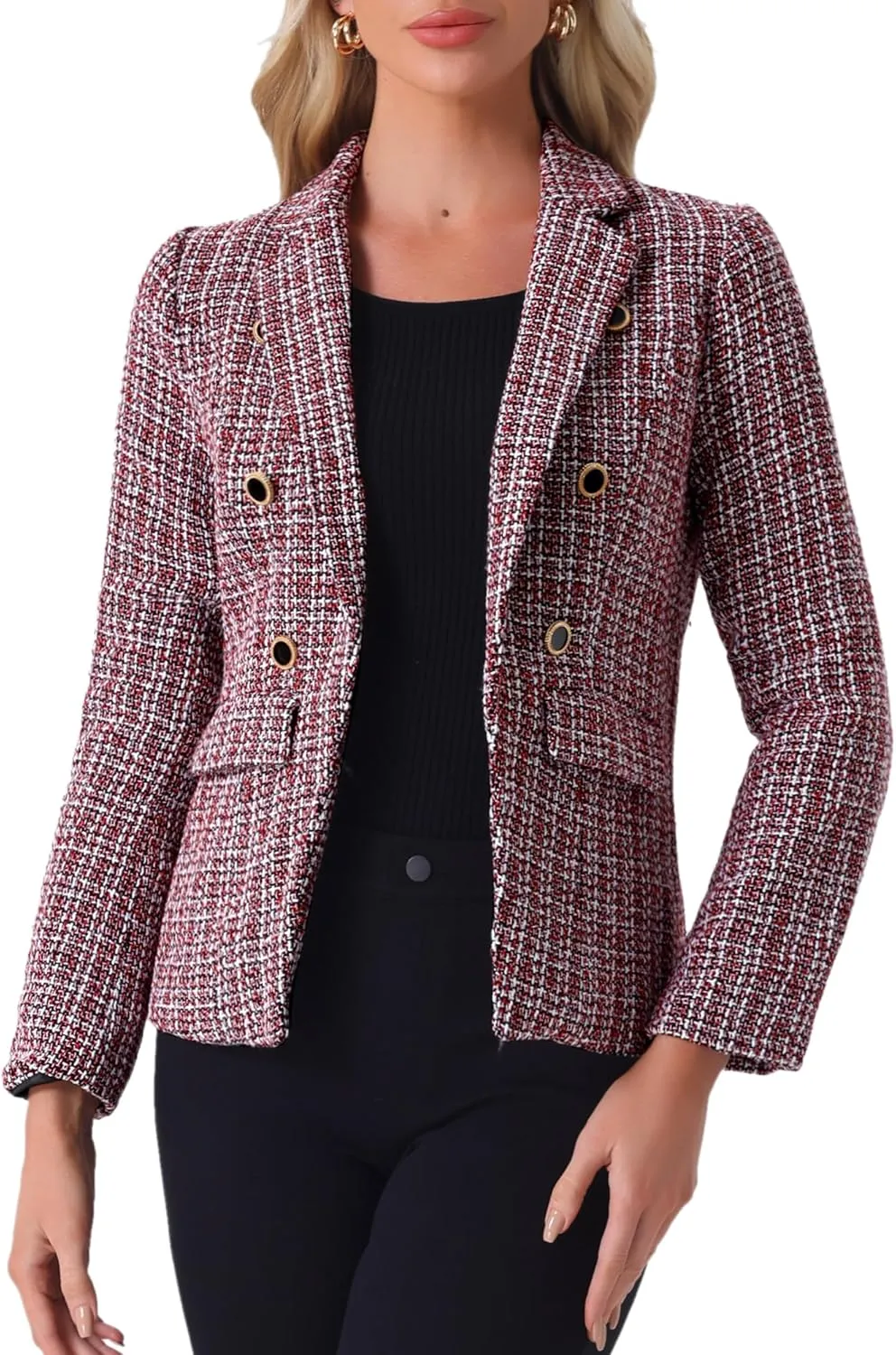 Allegra K Women's Tweed Jacket Plaid Blazer Long Sleeve Elegant Work Open Front Tweed Blazer Jackets