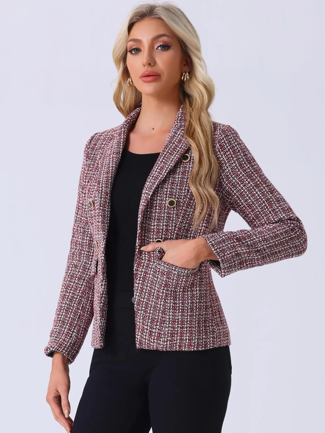 Allegra K Women's Tweed Jacket Plaid Blazer Long Sleeve Elegant Work Open Front Tweed Blazer Jackets