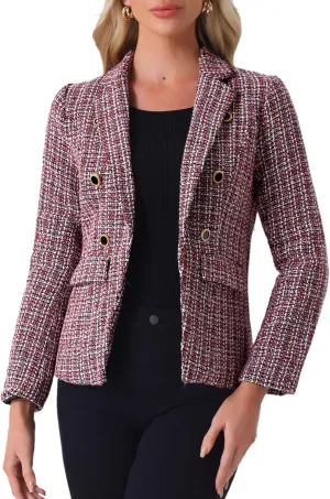Allegra K Women's Tweed Jacket Plaid Blazer Long Sleeve Elegant Work Open Front Tweed Blazer Jackets
