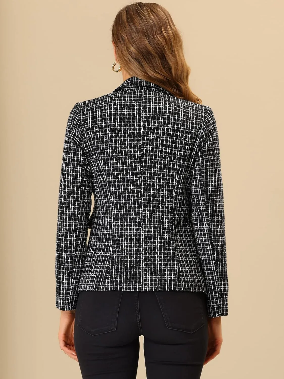 Allegra K Women's Tweed Jacket Plaid Blazer Long Sleeve Elegant Work Open Front Tweed Blazer Jackets