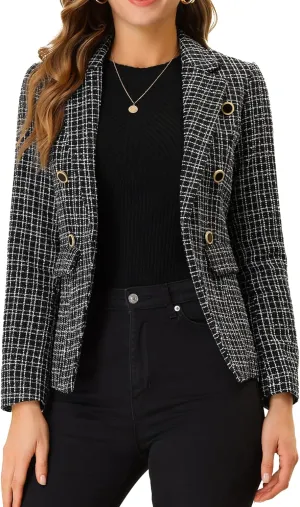 Allegra K Women's Tweed Jacket Plaid Blazer Long Sleeve Elegant Work Open Front Tweed Blazer Jackets