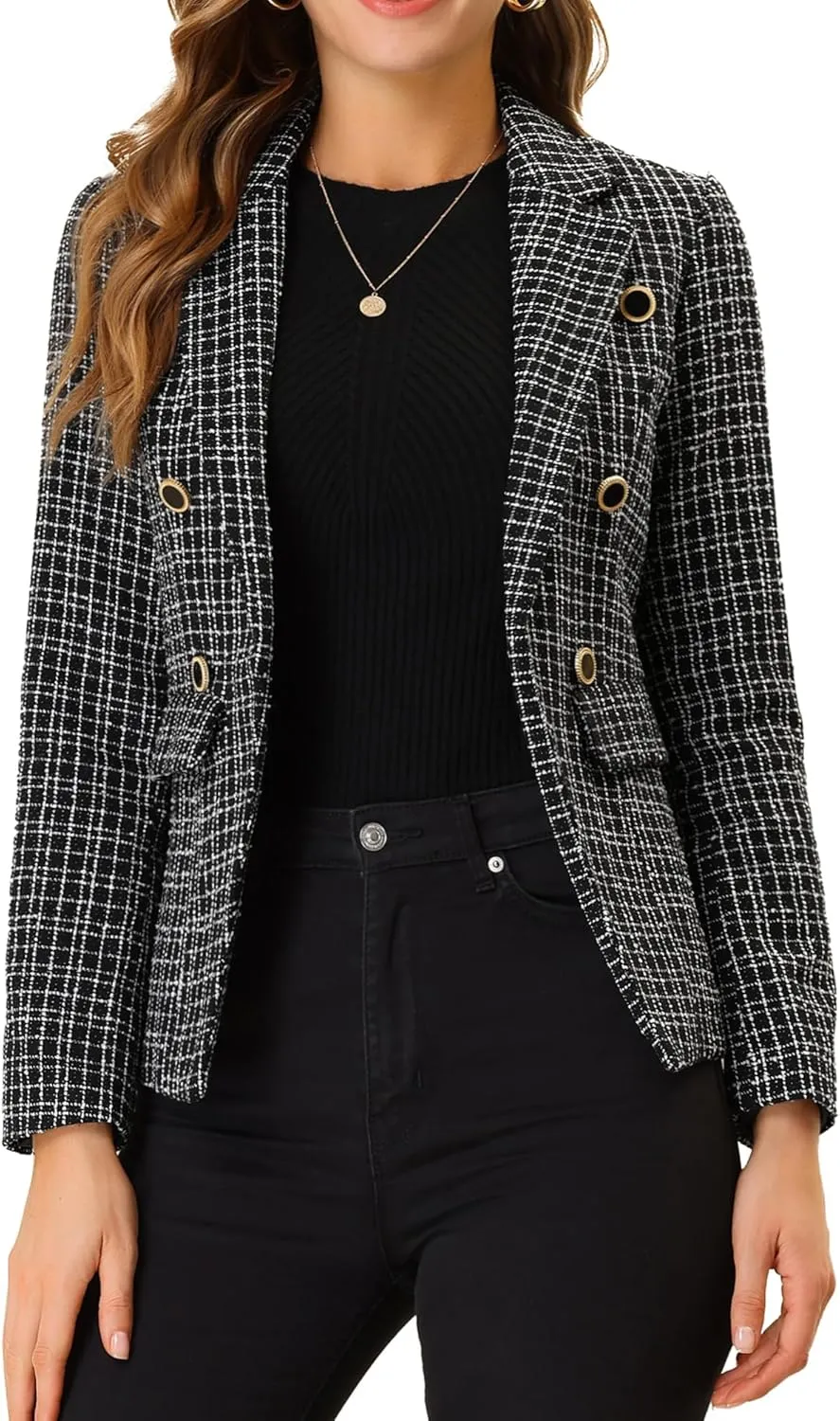 Allegra K Women's Tweed Jacket Plaid Blazer Long Sleeve Elegant Work Open Front Tweed Blazer Jackets