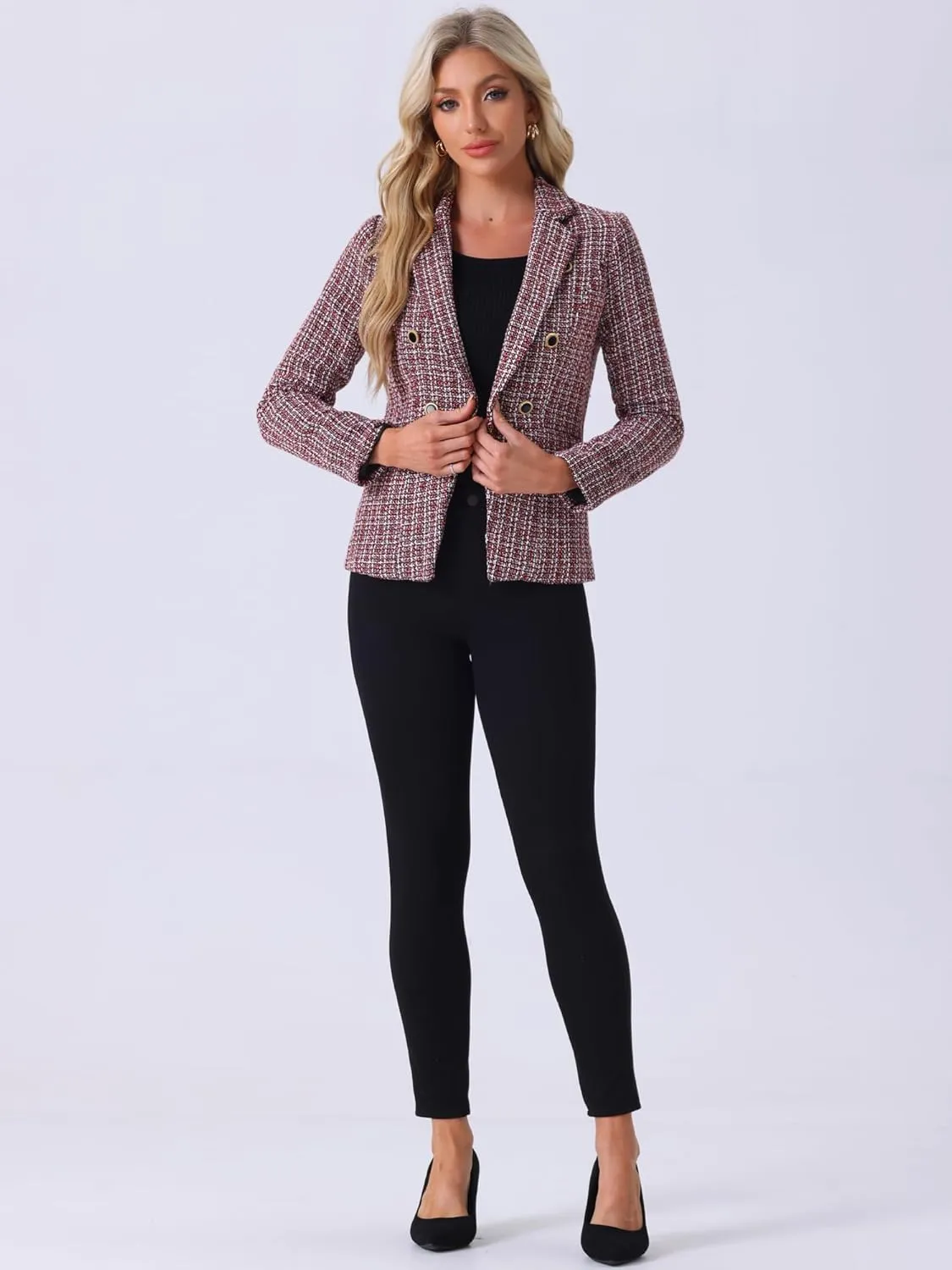 Allegra K Women's Tweed Jacket Plaid Blazer Long Sleeve Elegant Work Open Front Tweed Blazer Jackets