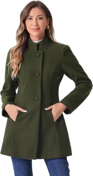 Allegra K Women's Winter Overcoat Mid-Long Stand Collar Single Breasted Coat Outerwear