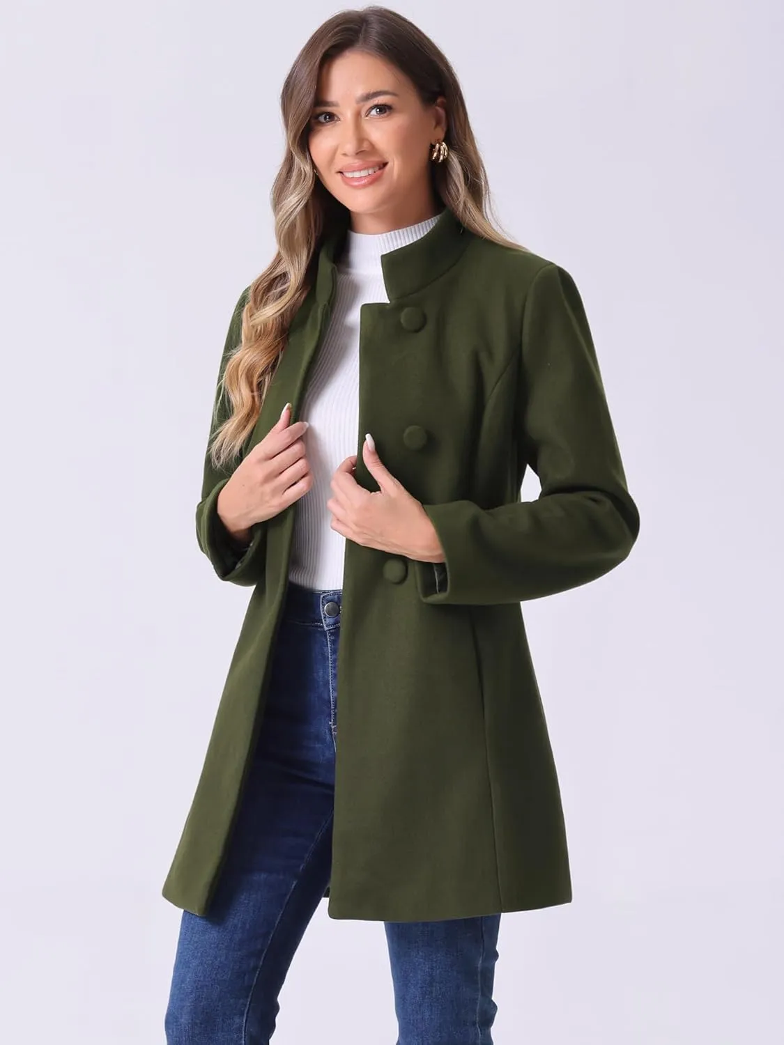 Allegra K Women's Winter Overcoat Mid-Long Stand Collar Single Breasted Coat Outerwear
