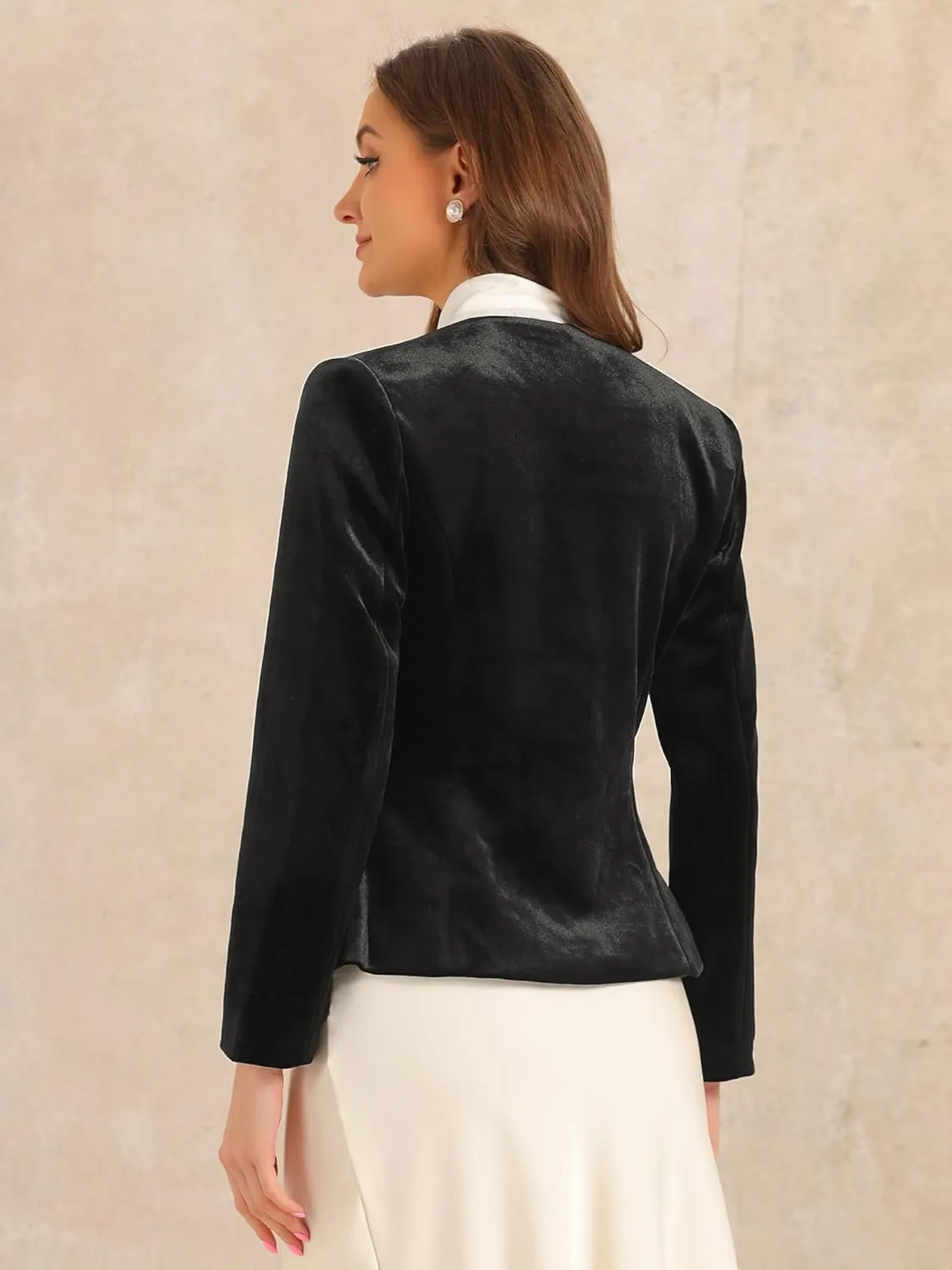 Allegra K Work Blazers for Women V Neck Long Sleeves Shoulder Pads Business Casual Velvet Jackets