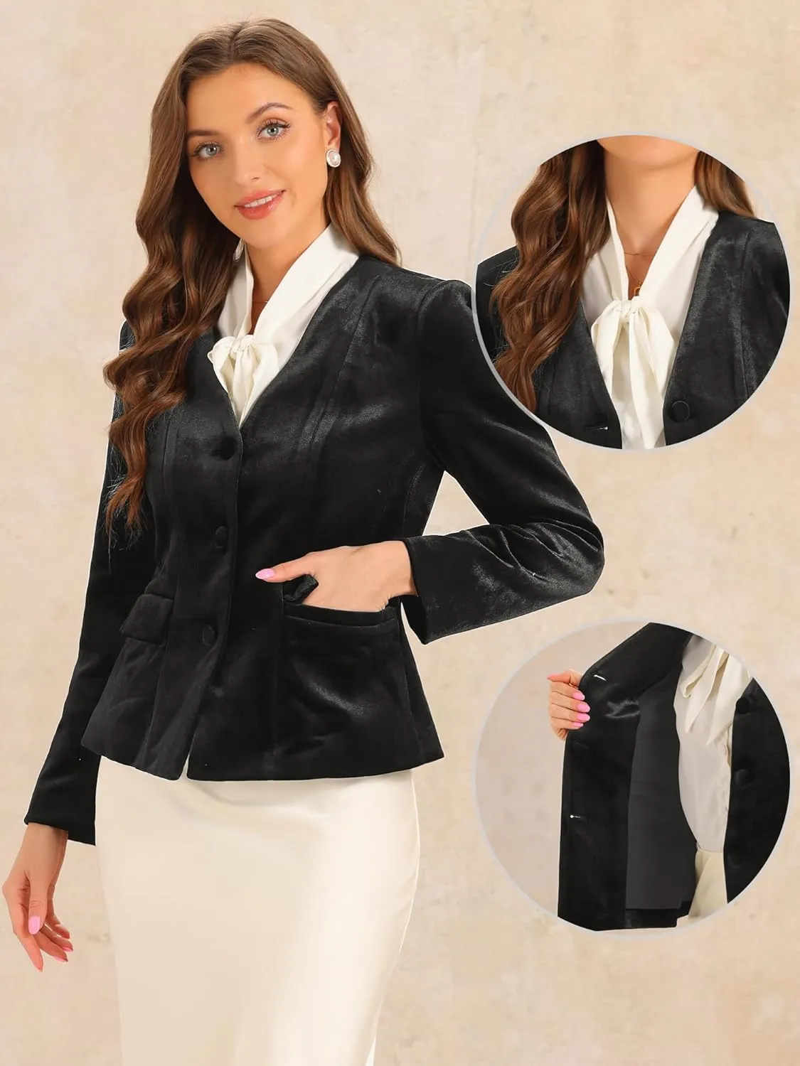 Allegra K Work Blazers for Women V Neck Long Sleeves Shoulder Pads Business Casual Velvet Jackets