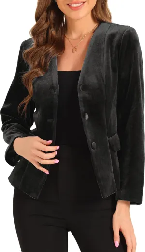 Allegra K Work Blazers for Women V Neck Long Sleeves Shoulder Pads Business Casual Velvet Jackets