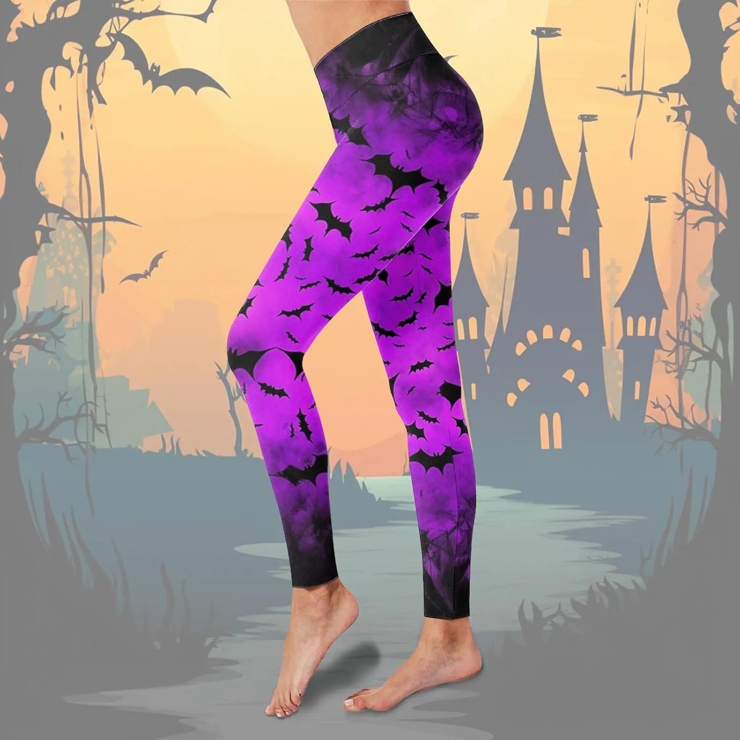 AMDBEL Halloween Leggings for Women Soft High Waist Halloween Pumpkin Head Stripes Print Legging Slim Yoga Fitness Running