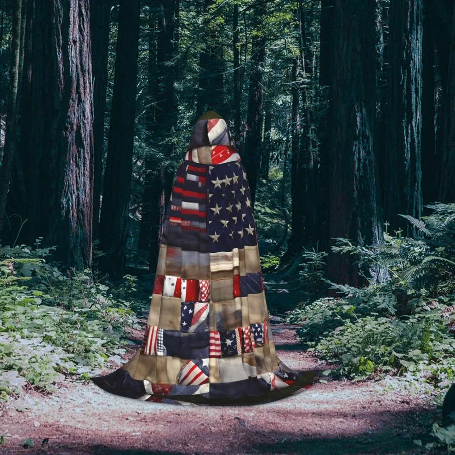 American Flag Patchwork Hooded Cloak Coat Winter Warm Long Cloak Cosplay Costumes Outerwear Carnivals Hoodies Capes