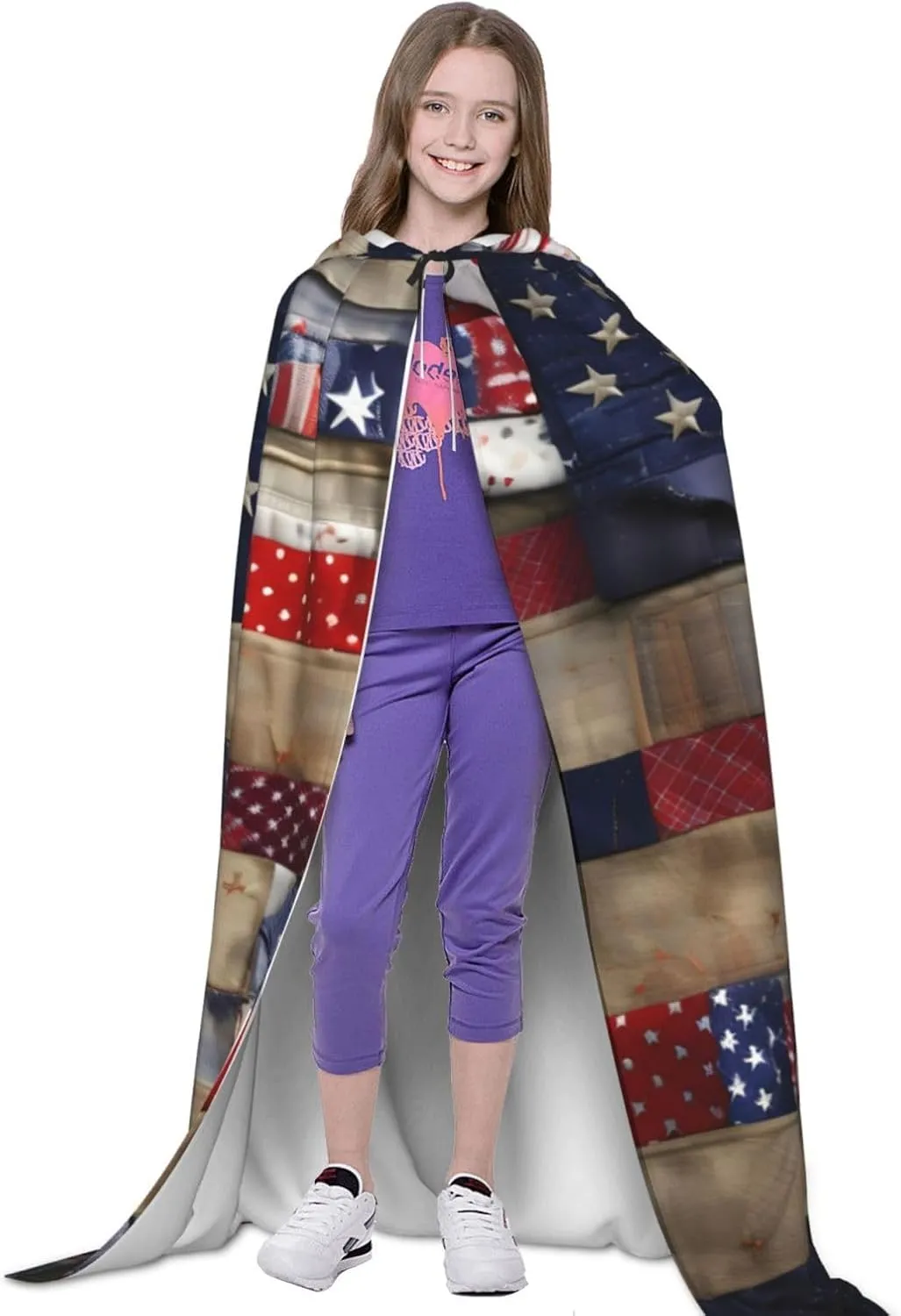 American Flag Patchwork Hooded Cloak Coat Winter Warm Long Cloak Cosplay Costumes Outerwear Carnivals Hoodies Capes