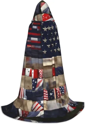 American Flag Patchwork Hooded Cloak Coat Winter Warm Long Cloak Cosplay Costumes Outerwear Carnivals Hoodies Capes
