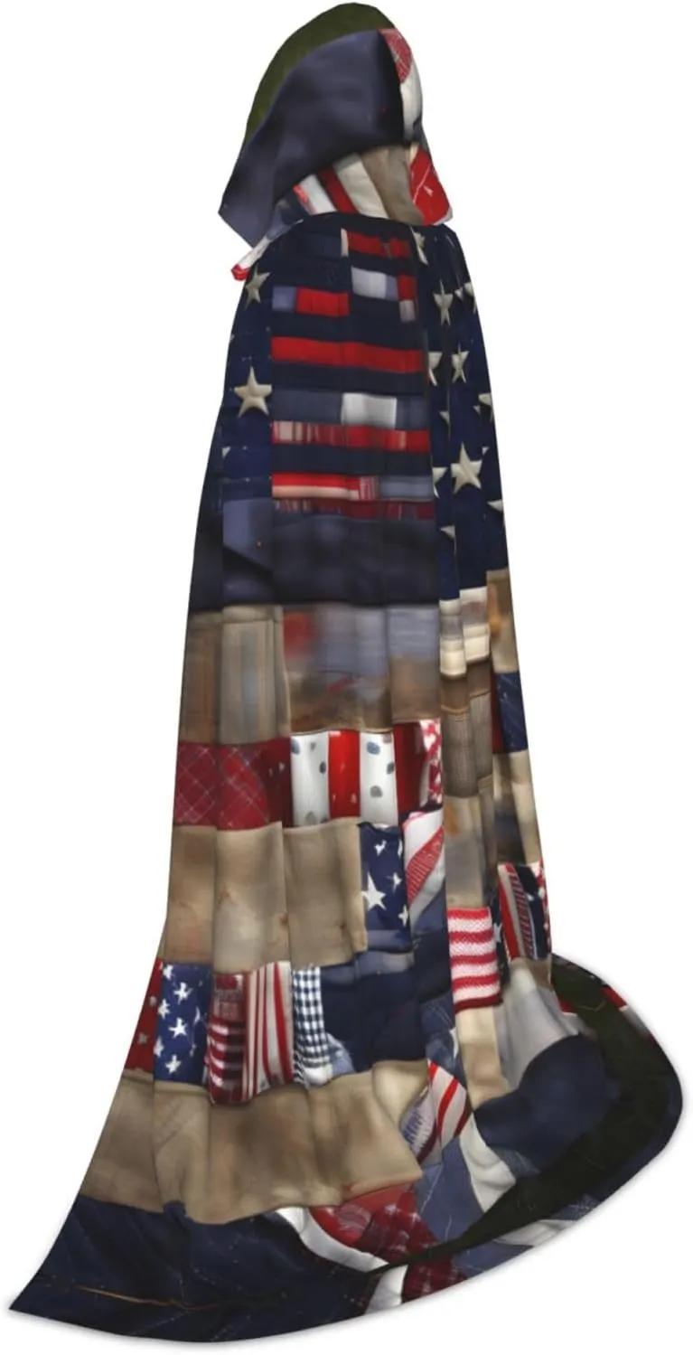 American Flag Patchwork Hooded Cloak Coat Winter Warm Long Cloak Cosplay Costumes Outerwear Carnivals Hoodies Capes
