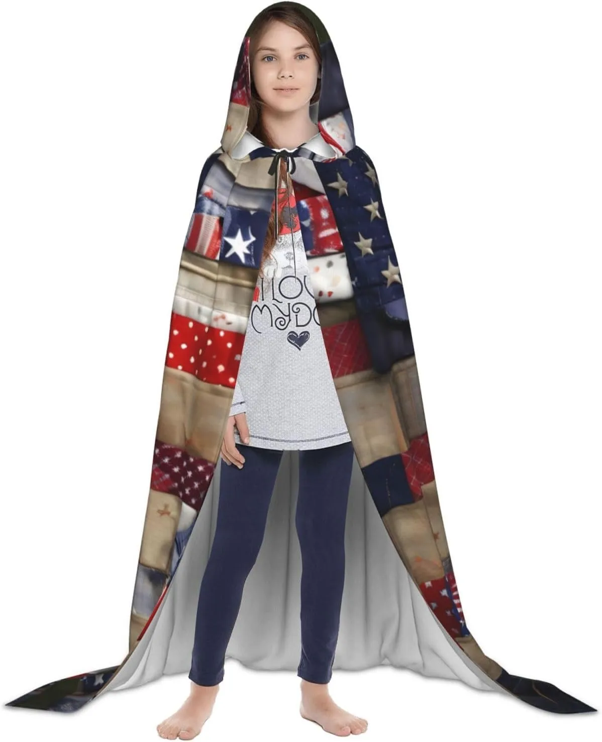 American Flag Patchwork Hooded Cloak Coat Winter Warm Long Cloak Cosplay Costumes Outerwear Carnivals Hoodies Capes