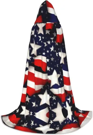 American Flag Stars Stripes Hooded Cloak Coat Winter Warm Long Cloak Cosplay Costumes Outerwear Carnivals