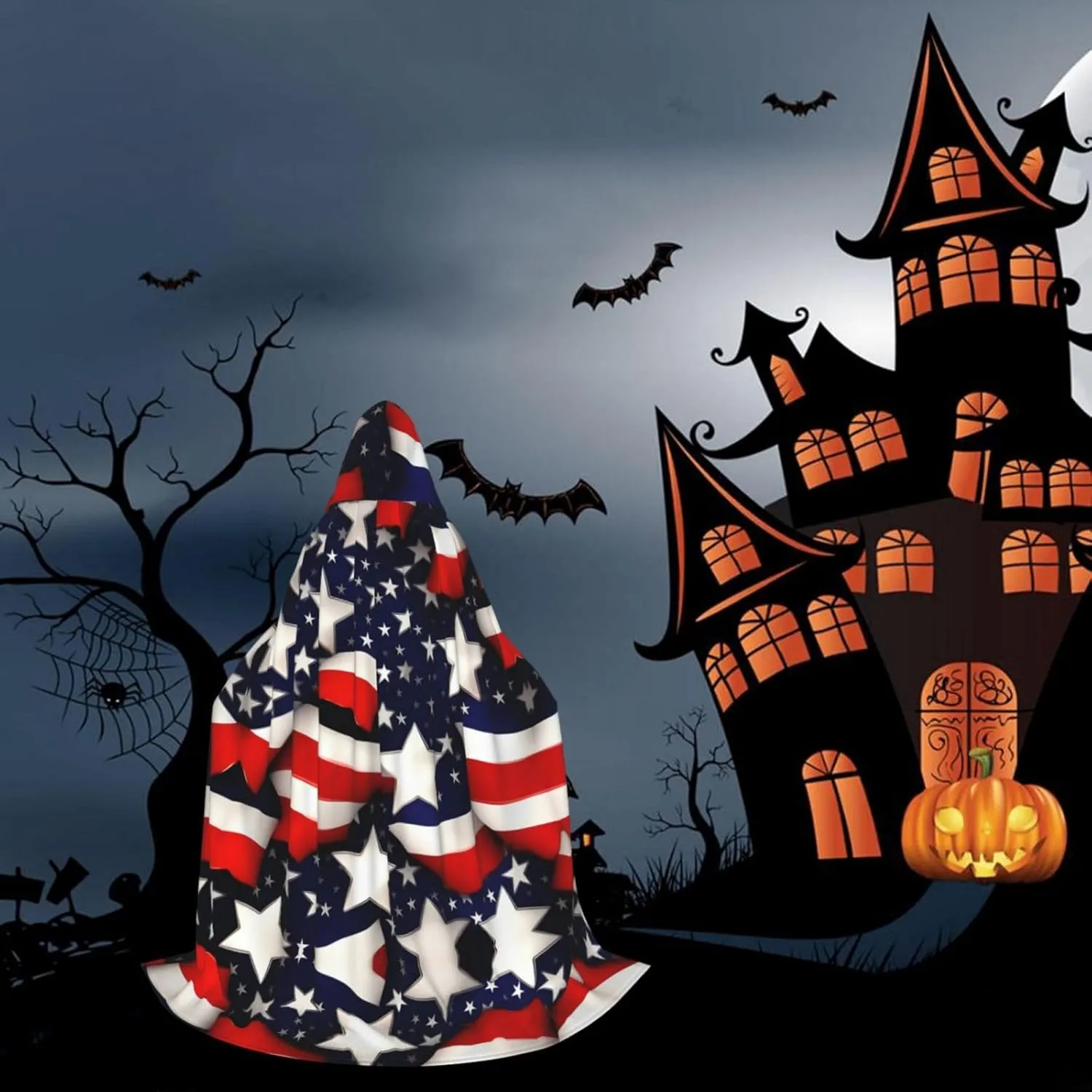 American Flag Stars Stripes Hooded Cloak Coat Winter Warm Long Cloak Cosplay Costumes Outerwear Carnivals