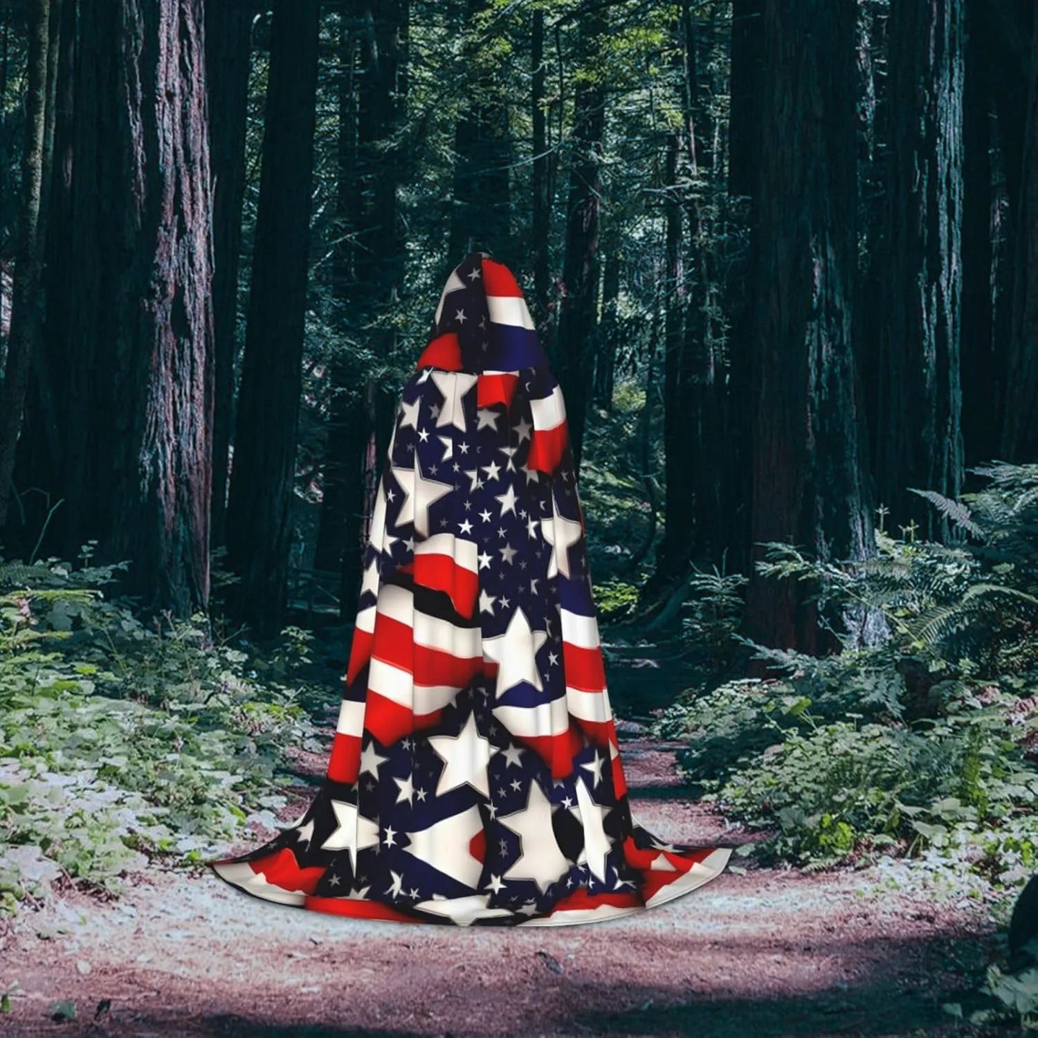 American Flag Stars Stripes Hooded Cloak Coat Winter Warm Long Cloak Cosplay Costumes Outerwear Carnivals