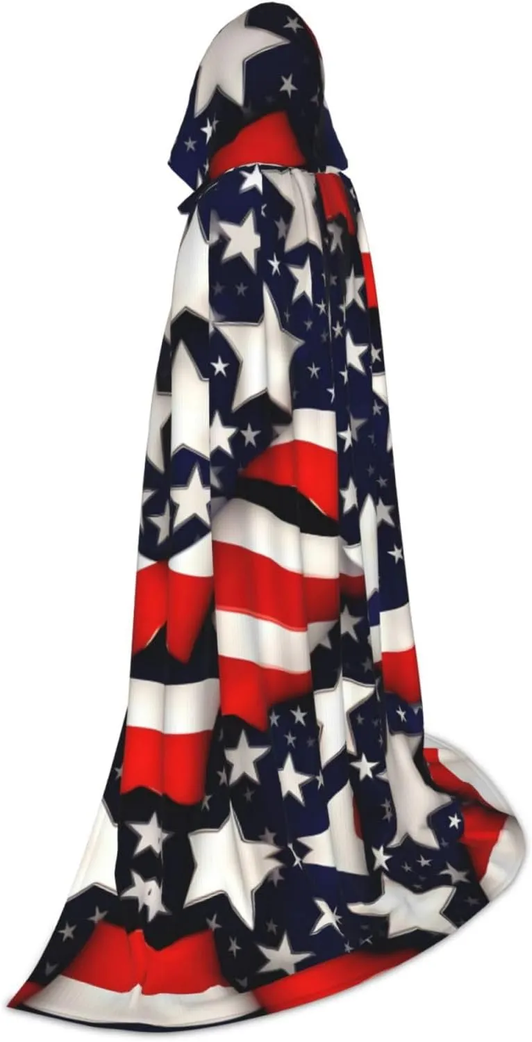 American Flag Stars Stripes Hooded Cloak Coat Winter Warm Long Cloak Cosplay Costumes Outerwear Carnivals