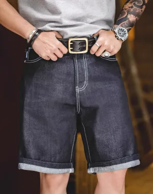 American Retro Silver Cow Raw Denim Straight Men's Shorts