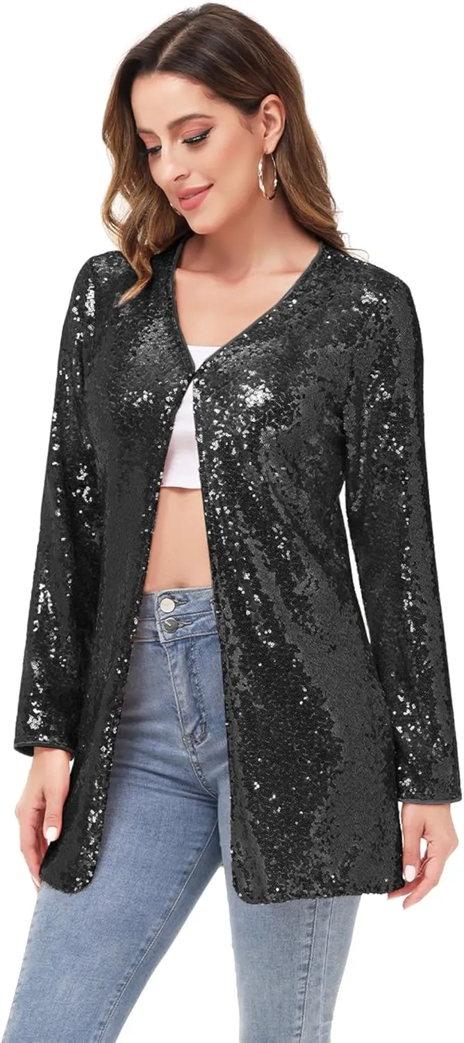 Anna-Kaci Women's Open Front Sequin Coat Las Vegas Blazer Party Club Cocktail Jacket Outerwear
