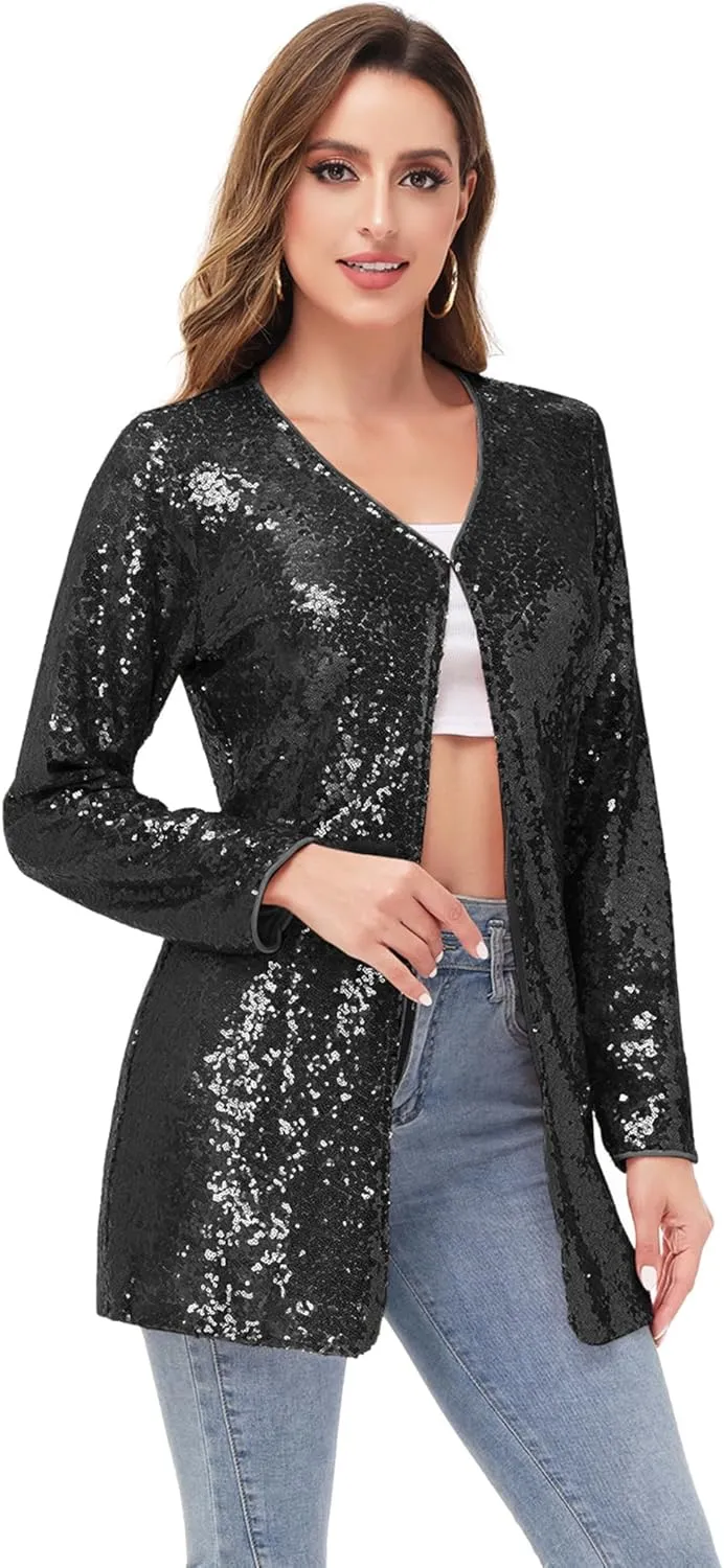 Anna-Kaci Women's Open Front Sequin Coat Las Vegas Blazer Party Club Cocktail Jacket Outerwear