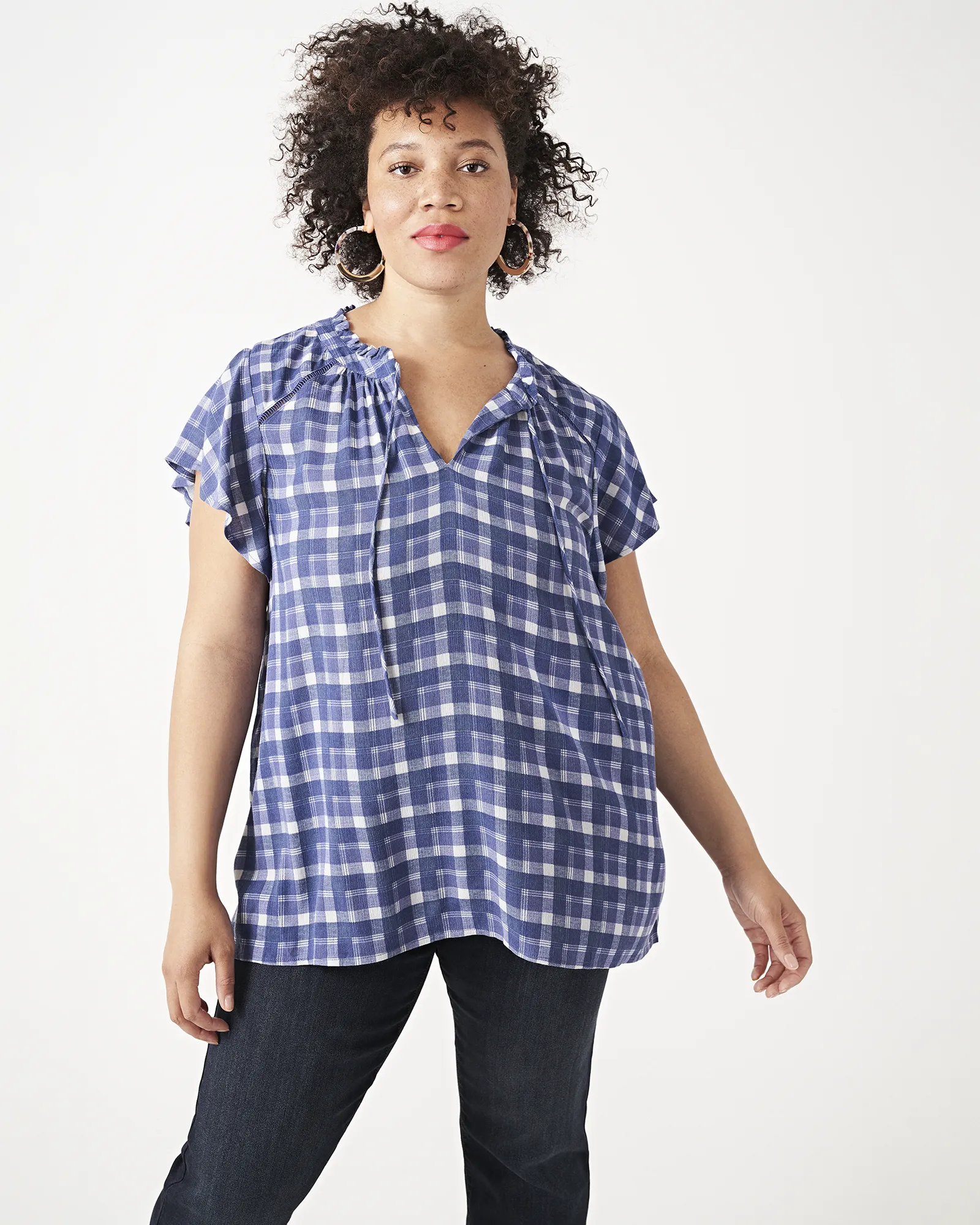 Anne Tie-Neck Flutter-Sleeve Top | Navy / Light Blue