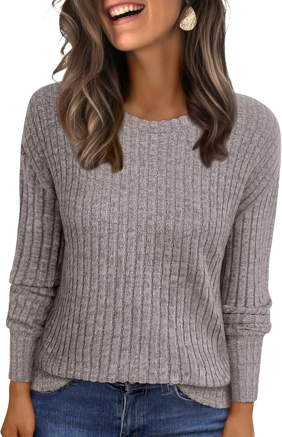 ANRABESS Long Sleeve Shirts for Women Business Casual Crewneck Tunic Tops Lightweight Fall Fashion Sweaters Clothes 2025