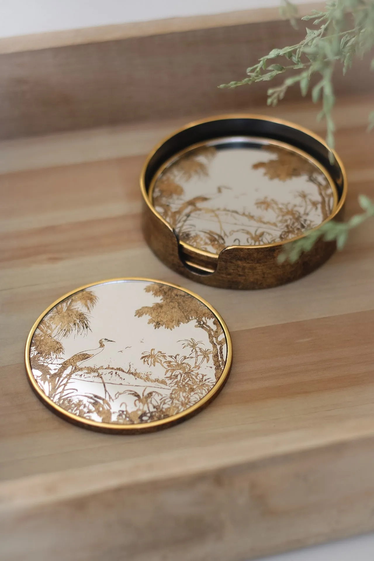 Antique Round Mirrored Grasses Gold Coasters | Set of 4