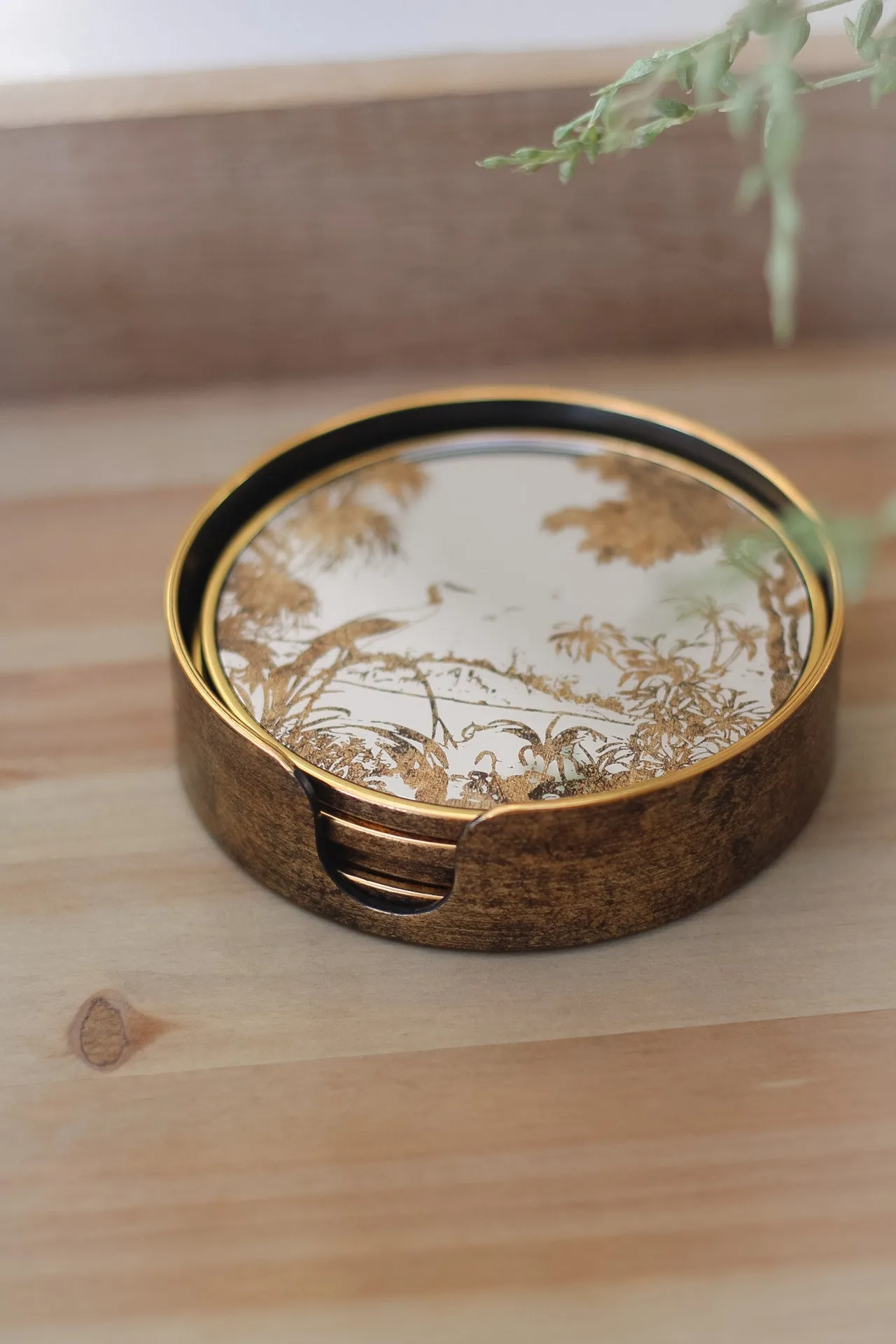 Antique Round Mirrored Grasses Gold Coasters | Set of 4