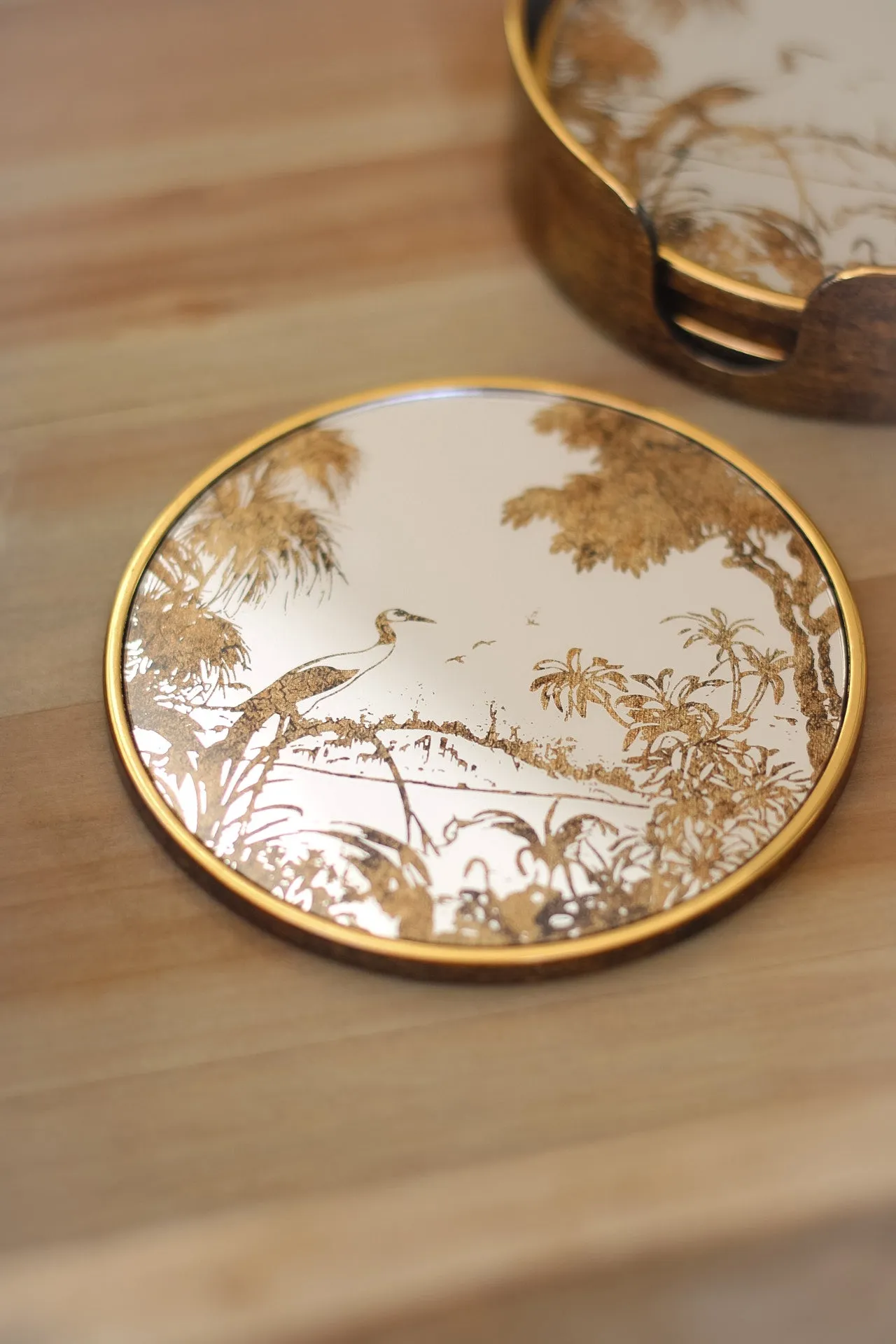 Antique Round Mirrored Grasses Gold Coasters | Set of 4