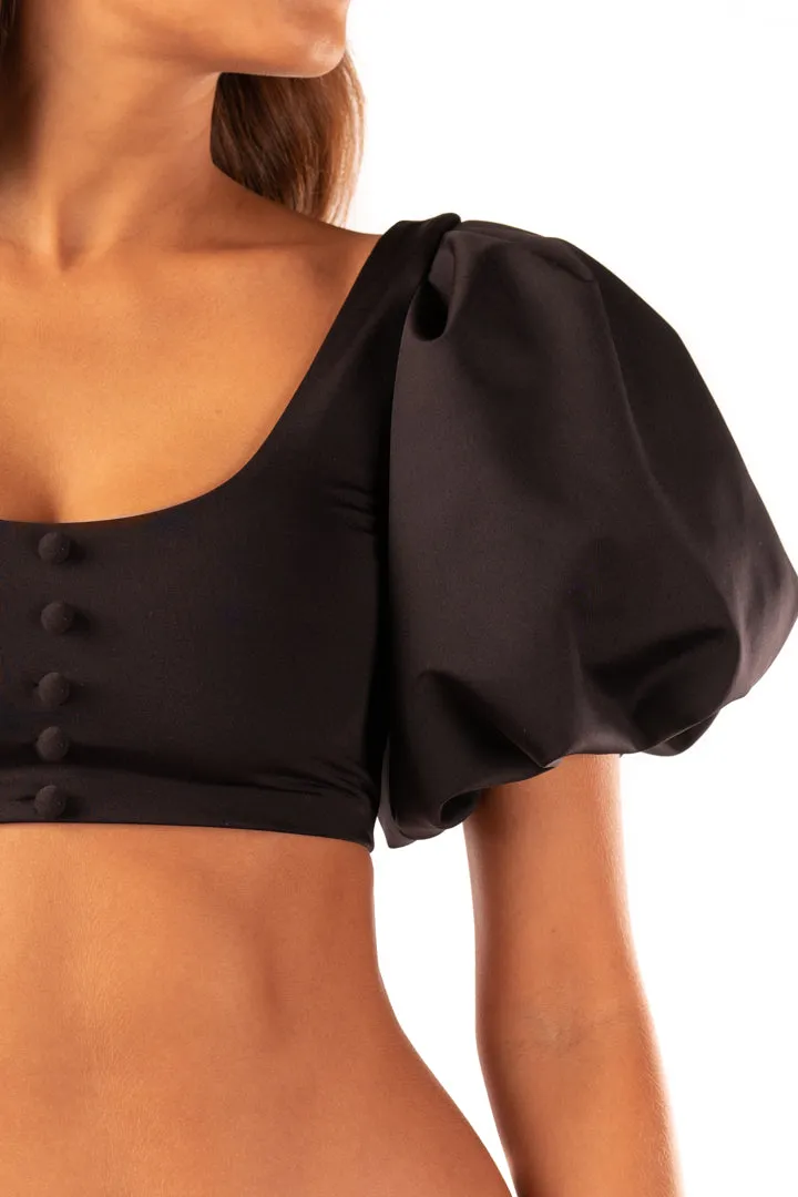 Aracely Puff Sleeve Bikini Top in Black