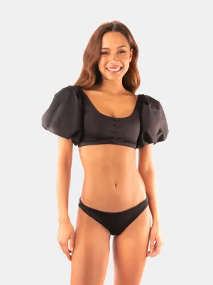 Aracely Puff Sleeve Bikini Top in Black