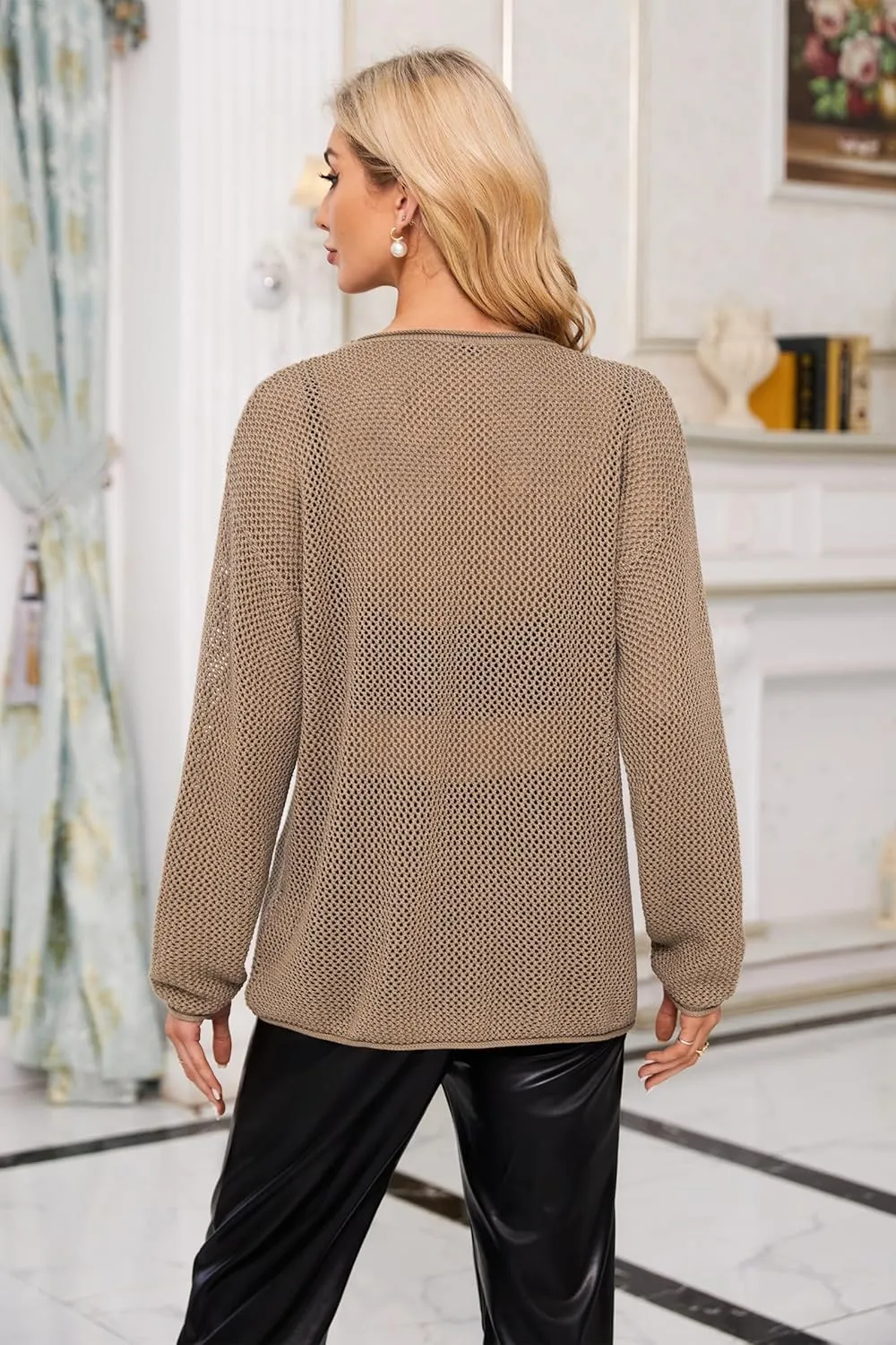 Arach&Cloz 2025 Womens Crochet Tops Wool Blended Sweaters Lightweight Long Sleeve Crew Neck Spring Fashion Knit Outfits