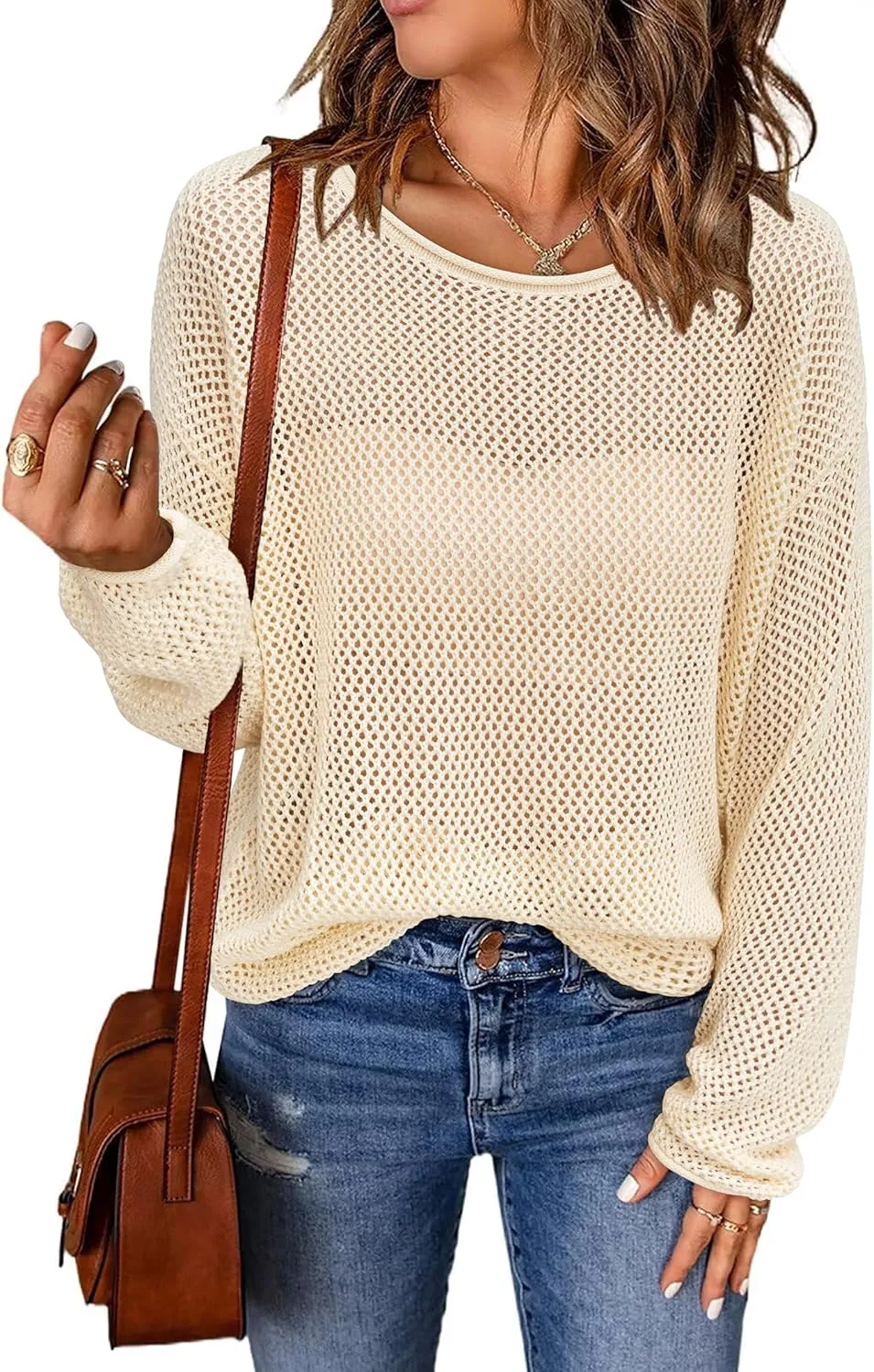 Arach&Cloz 2025 Womens Crochet Tops Wool Blended Sweaters Lightweight Long Sleeve Crew Neck Spring Fashion Knit Outfits